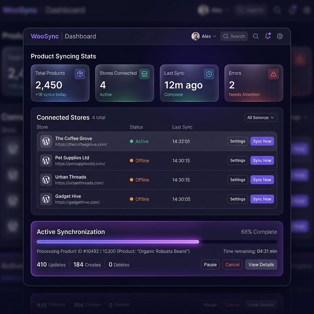 WooCommerce Multi-Store Synchronization Dashboard UI Mockup